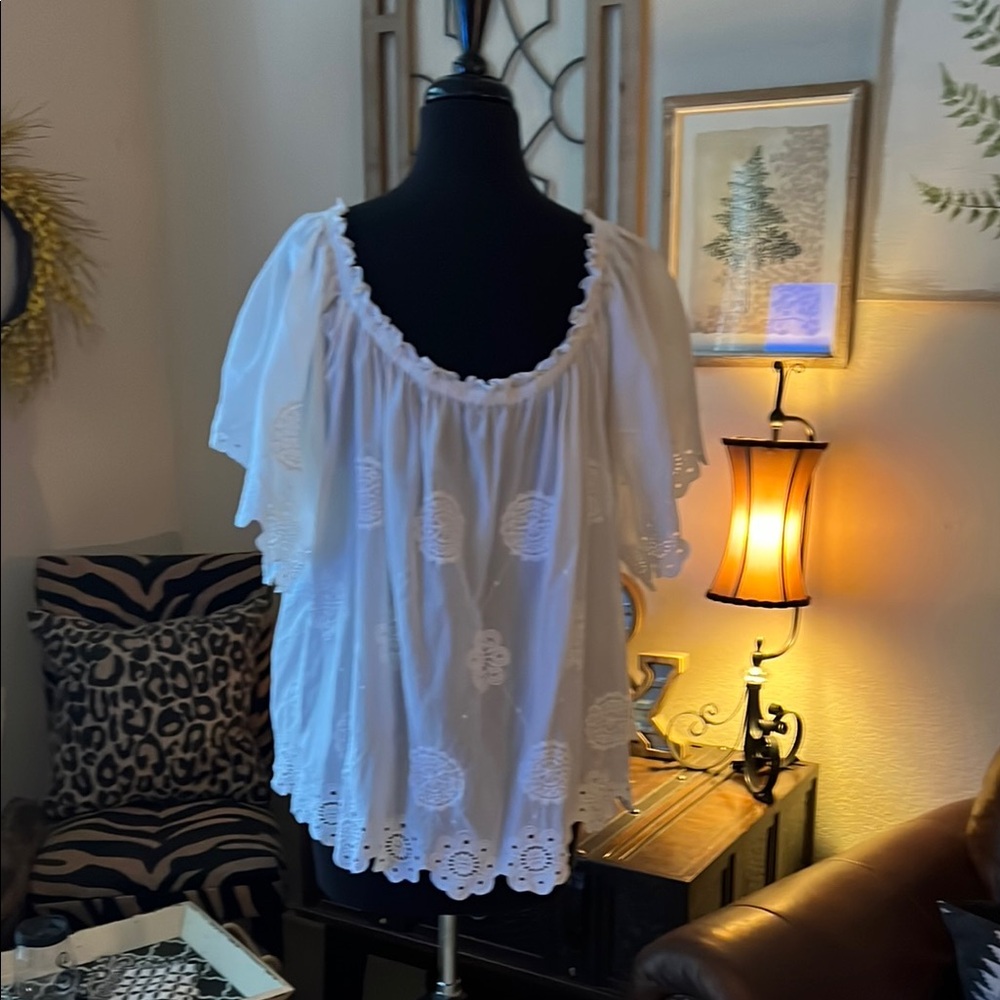 Lane Bryant White Ruffled Flutter Sleeve Blouse